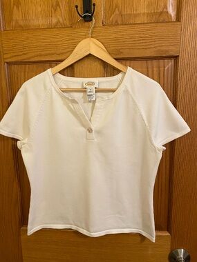 Talbots Women's Cream Short Sleeve Henley Split Collar Faux One Button Sweater M